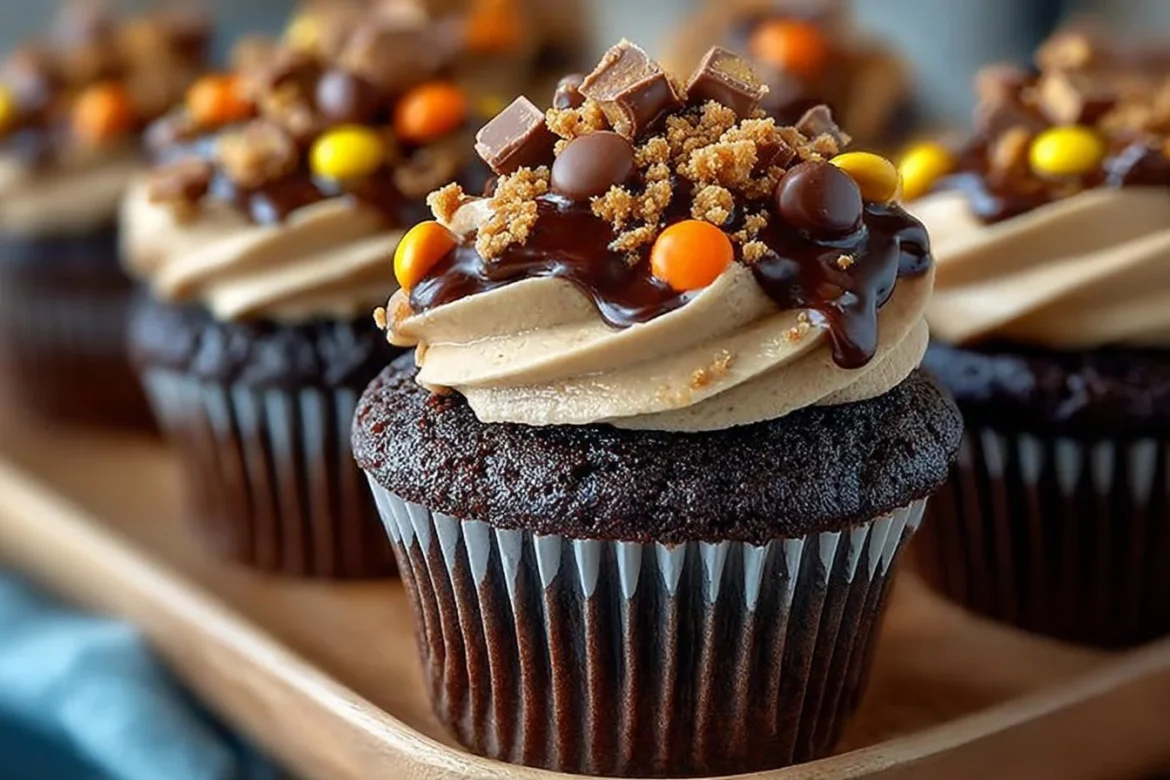 Delicious Reese's Chocolate Peanut Butter Cupcakes topped with Reese's pieces