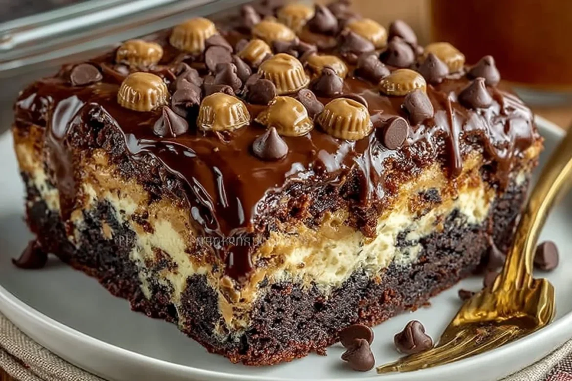 Slice of Reese's Peanut Butter Earthquake Cake with chocolate and peanut butter toppings