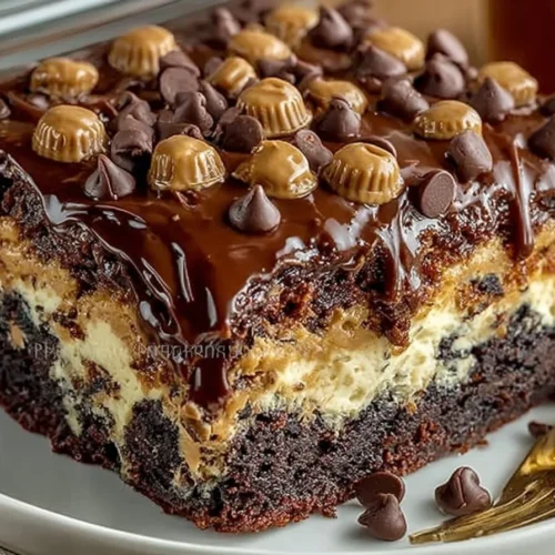 Slice of Reese's Peanut Butter Earthquake Cake with chocolate and peanut butter toppings