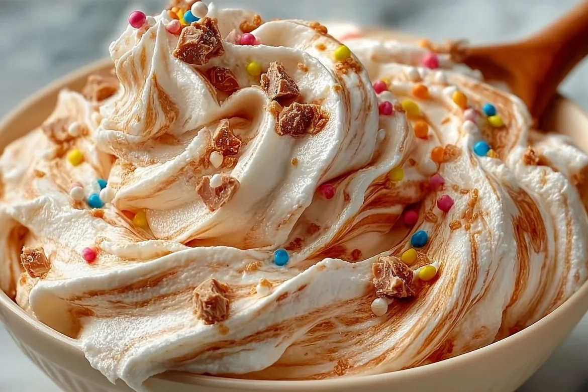 Delicious Reese's swirl cool whip and pudding frosting on a dessert