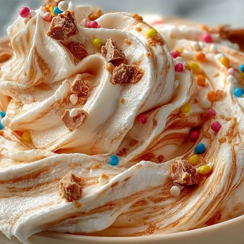 Delicious Reese's swirl cool whip and pudding frosting on a dessert