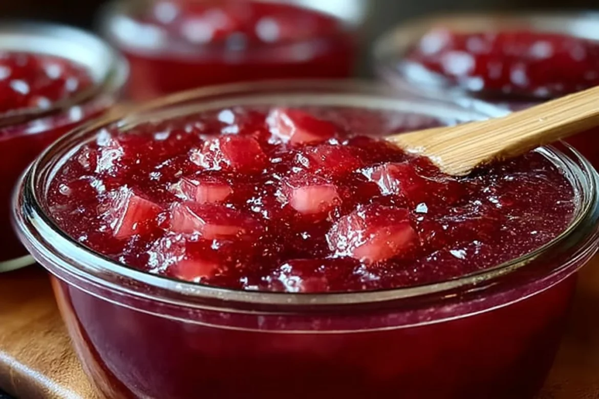 Homemade rhubarb jam in a jar with fresh rhubarb stalks and rustic background
