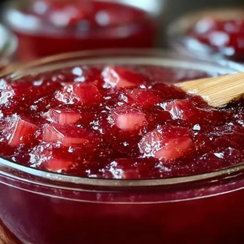 Homemade rhubarb jam in a jar with fresh rhubarb stalks and rustic background