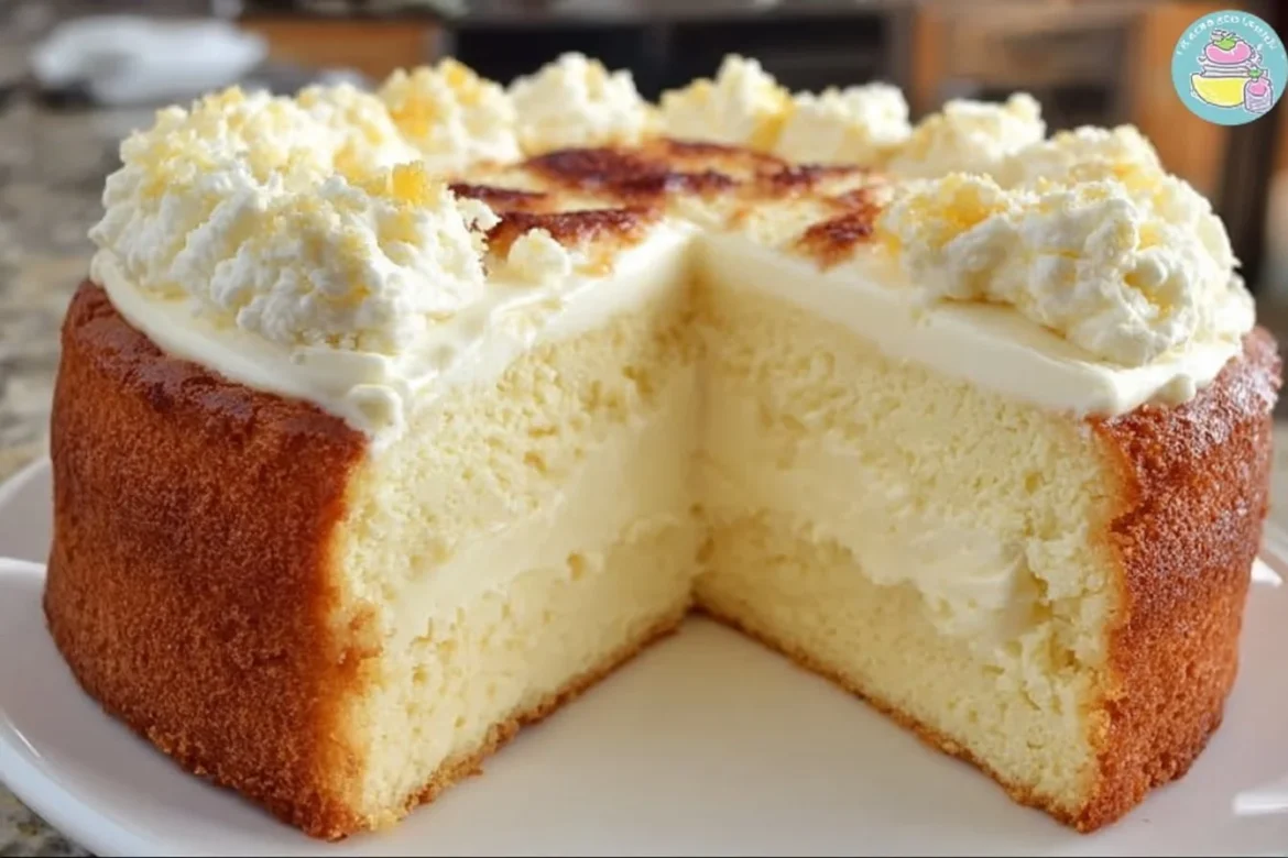 Rich and moist lemon cheesecake cake with creamy topping and lemon zest.