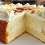 Rich and moist lemon cheesecake cake with creamy topping and lemon zest.