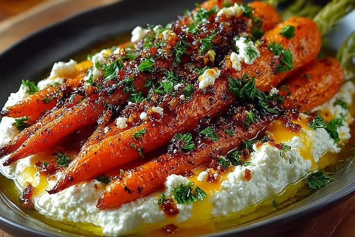 Plate of roasted carrots with whipped ricotta and hot honey drizzle