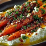 Plate of roasted carrots with whipped ricotta and hot honey drizzle