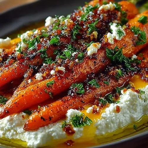Plate of roasted carrots with whipped ricotta and hot honey drizzle