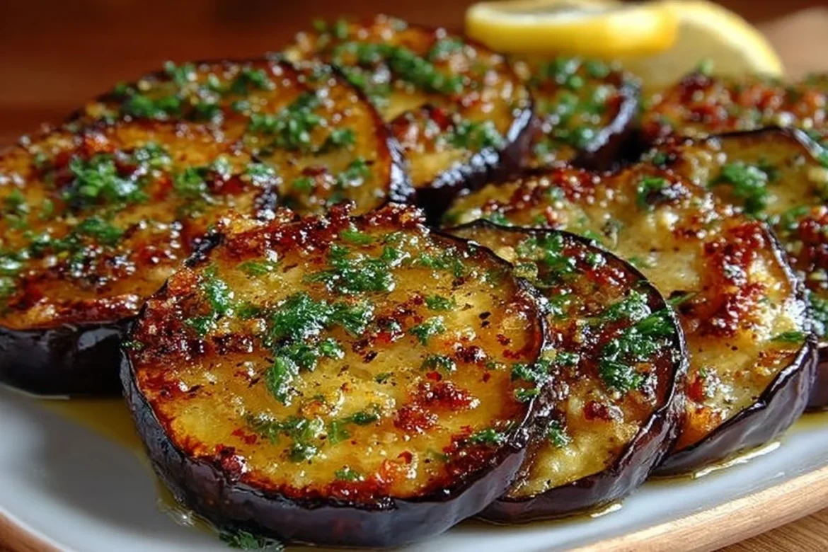 Delicious roasted eggplant dish garnished with herbs and spices