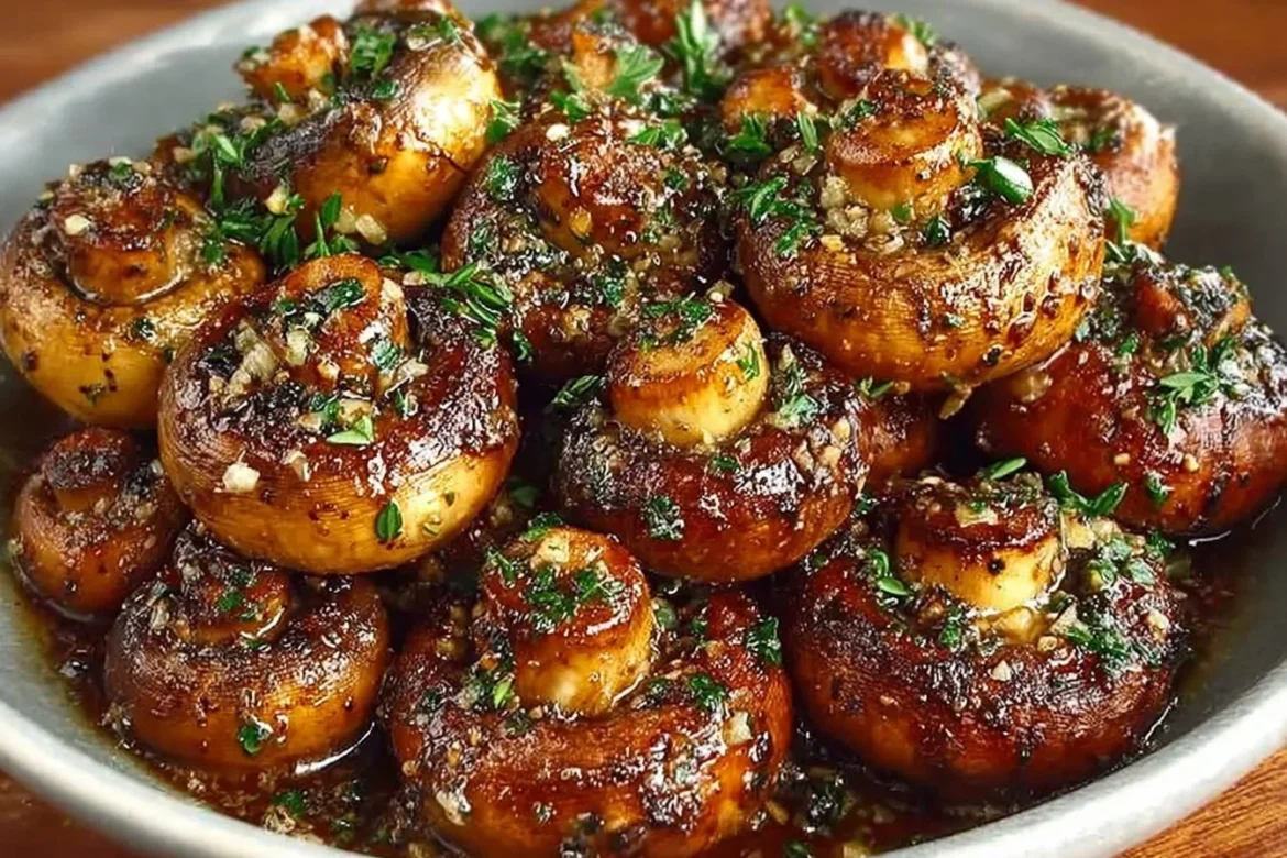 Delicious roasted garlic mushrooms served in a bowl