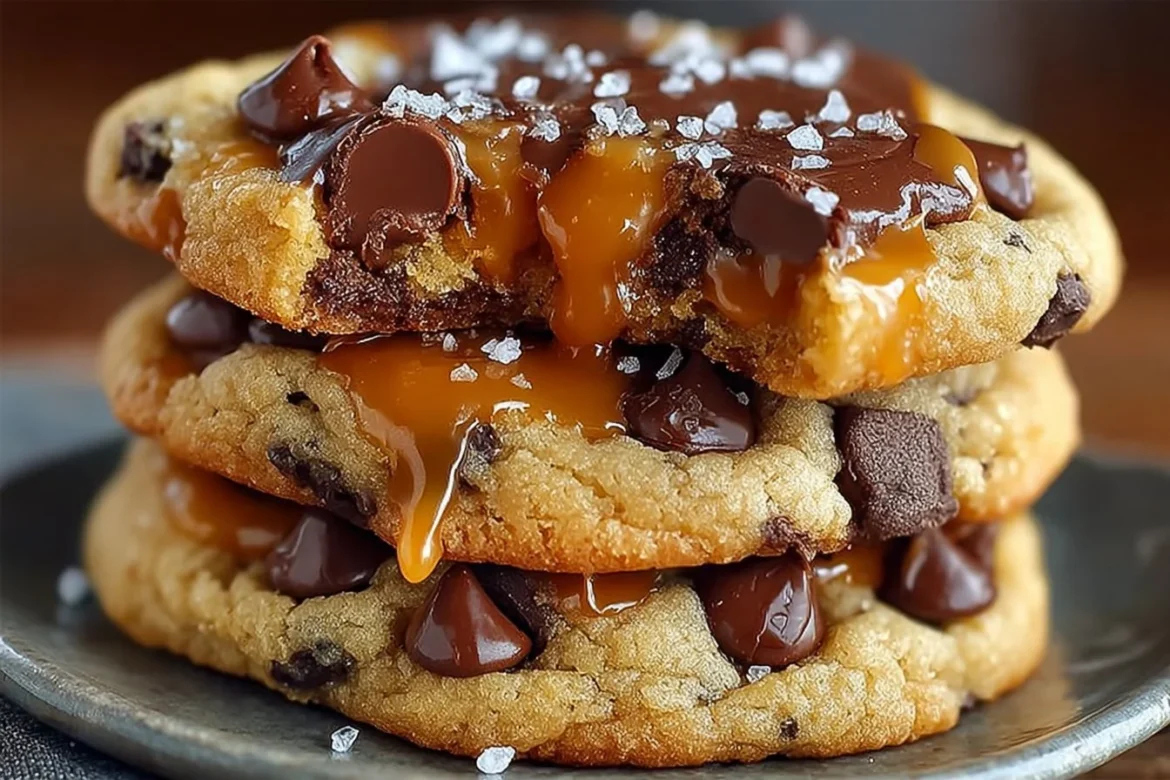 Delicious salted caramel chocolate chip cookies fresh from the oven