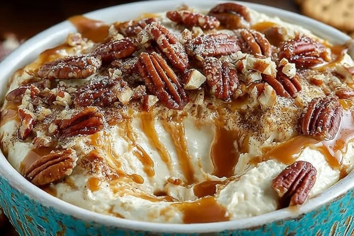 Delicious salted caramel pecan cheesecake dip served in a bowl