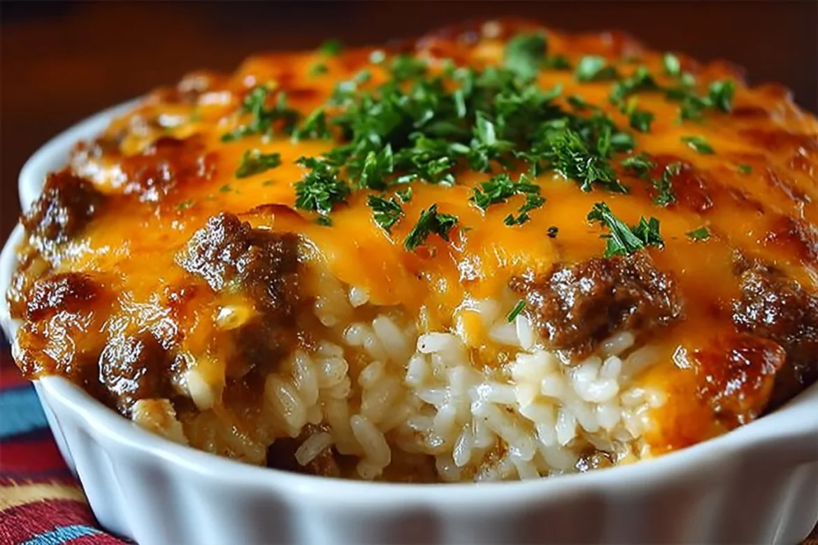 Savory beef and rice bake with melted cheddar cheese