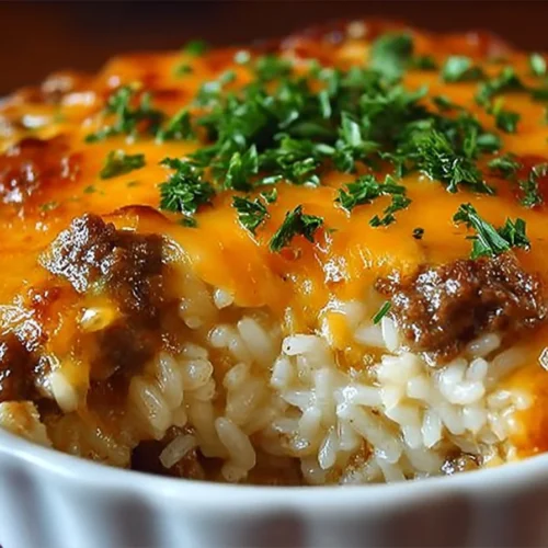 Savory beef and rice bake with melted cheddar cheese