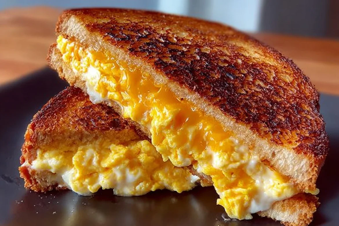 Scrambled egg grilled cheese sandwich with melted cheese and fluffy eggs