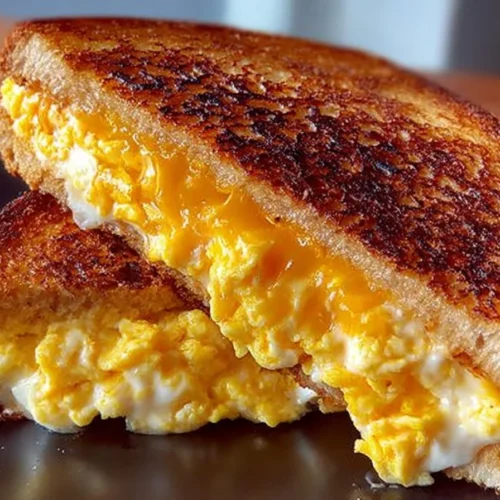 Scrambled egg grilled cheese sandwich with melted cheese and fluffy eggs