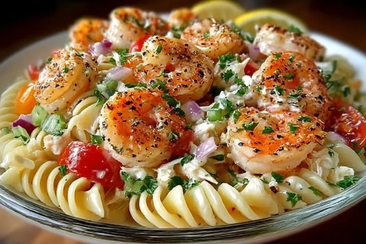 Plate of seafood pasta with shrimp and crab garnished with fresh herbs