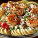 Plate of seafood pasta with shrimp and crab garnished with fresh herbs