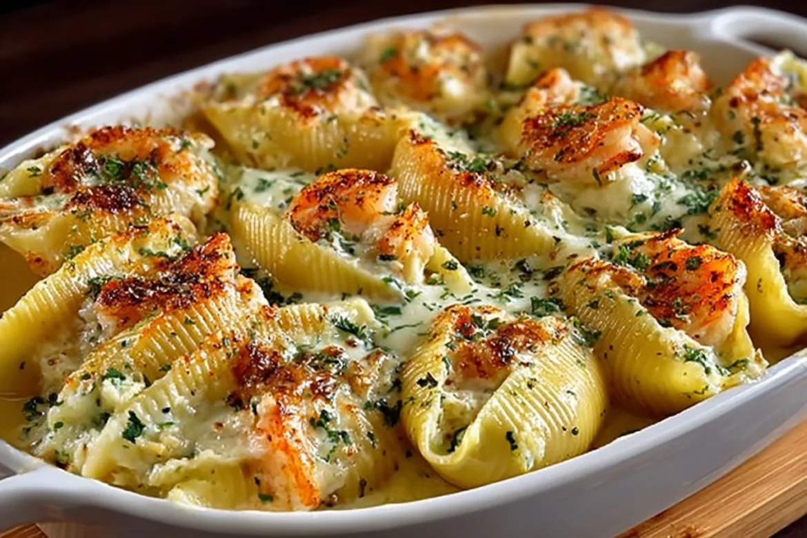 Delicious seafood stuffed shells filled with creamy seafood and topped with cheese.