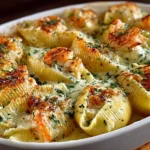 Delicious seafood stuffed shells filled with creamy seafood and topped with cheese.