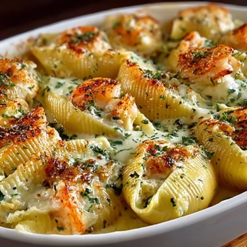 Delicious seafood stuffed shells filled with creamy seafood and topped with cheese.
