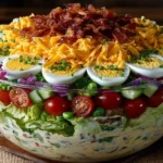Colorful seven-layer salad with fresh ingredients stacked for a vibrant presentation