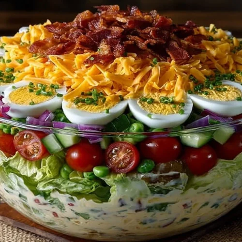 Colorful seven-layer salad with fresh ingredients stacked for a vibrant presentation