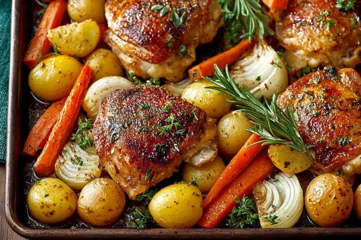 Sheet pan chicken thighs with carrots and potatoes, baked to perfection.