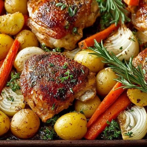 Sheet pan chicken thighs with carrots and potatoes, baked to perfection.