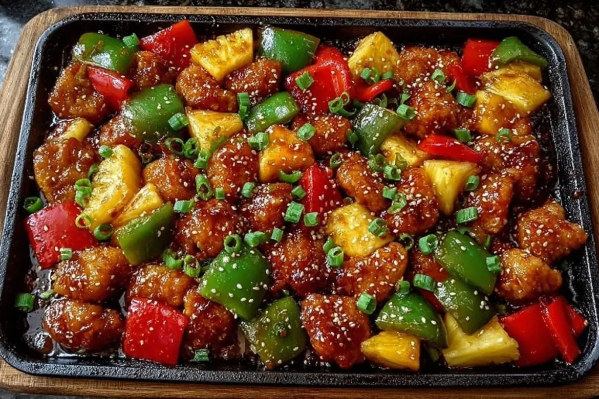 Delicious sheet pan sticky sweet and sour chicken recipe on a serving plate