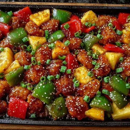 Delicious sheet pan sticky sweet and sour chicken recipe on a serving plate