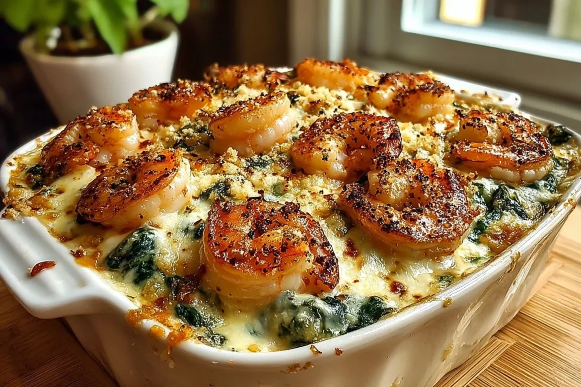 Shrimp and spinach casserole topped with a three-cheese blend, ready to serve.