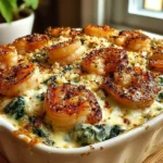 Shrimp and spinach casserole topped with a three-cheese blend, ready to serve.