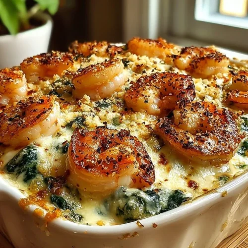 Shrimp and spinach casserole topped with a three-cheese blend, ready to serve.