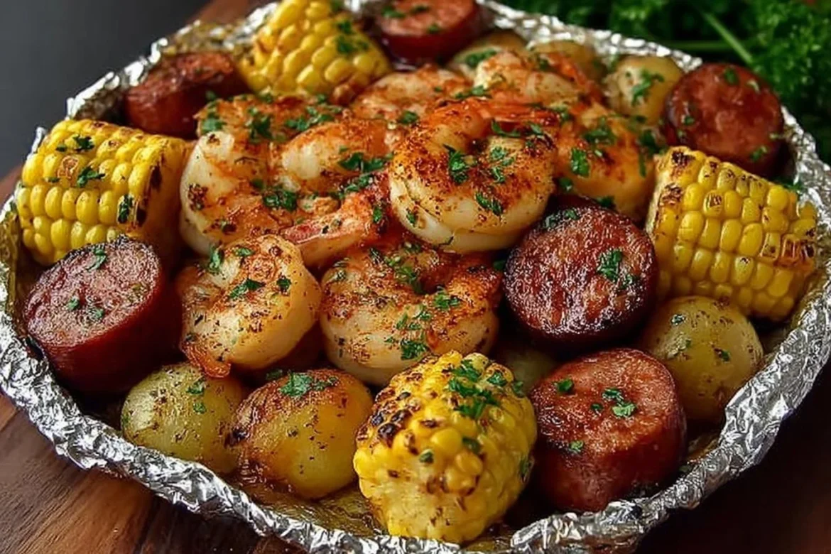 Shrimp, corn, potatoes, and smoked sausage foil pack meal ready for cooking
