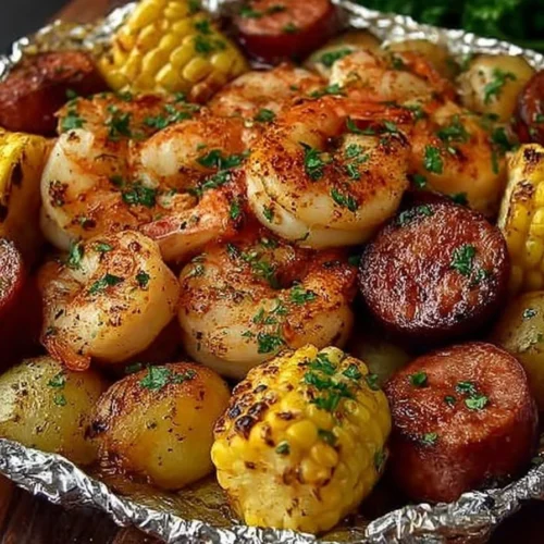 Shrimp, corn, potatoes, and smoked sausage foil pack meal ready for cooking