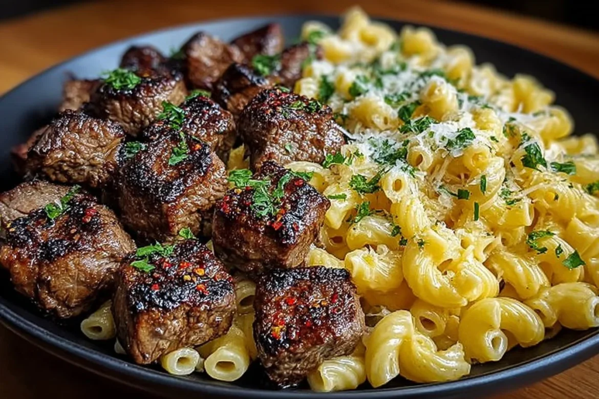 Sizzling garlic butter steak bites served with creamy pepper jack pasta.