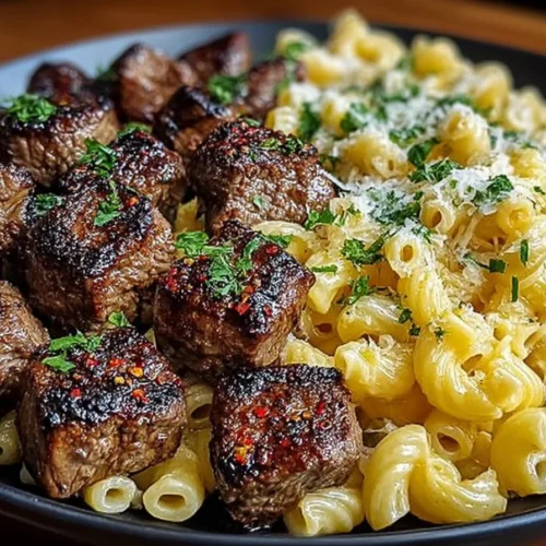 Sizzling garlic butter steak bites served with creamy pepper jack pasta.