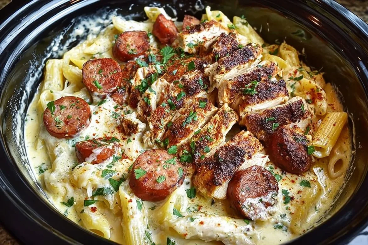Creamy Slow Cooker Cajun Chicken Alfredo served on a plate with garnish