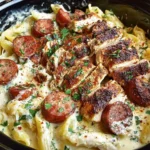 Creamy Slow Cooker Cajun Chicken Alfredo served on a plate with garnish