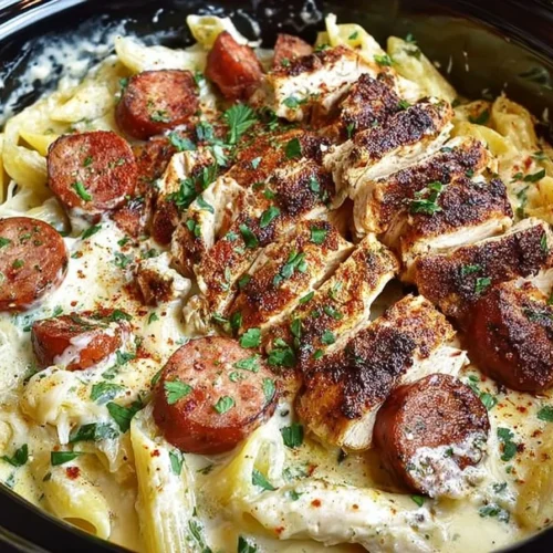 Creamy Slow Cooker Cajun Chicken Alfredo served on a plate with garnish