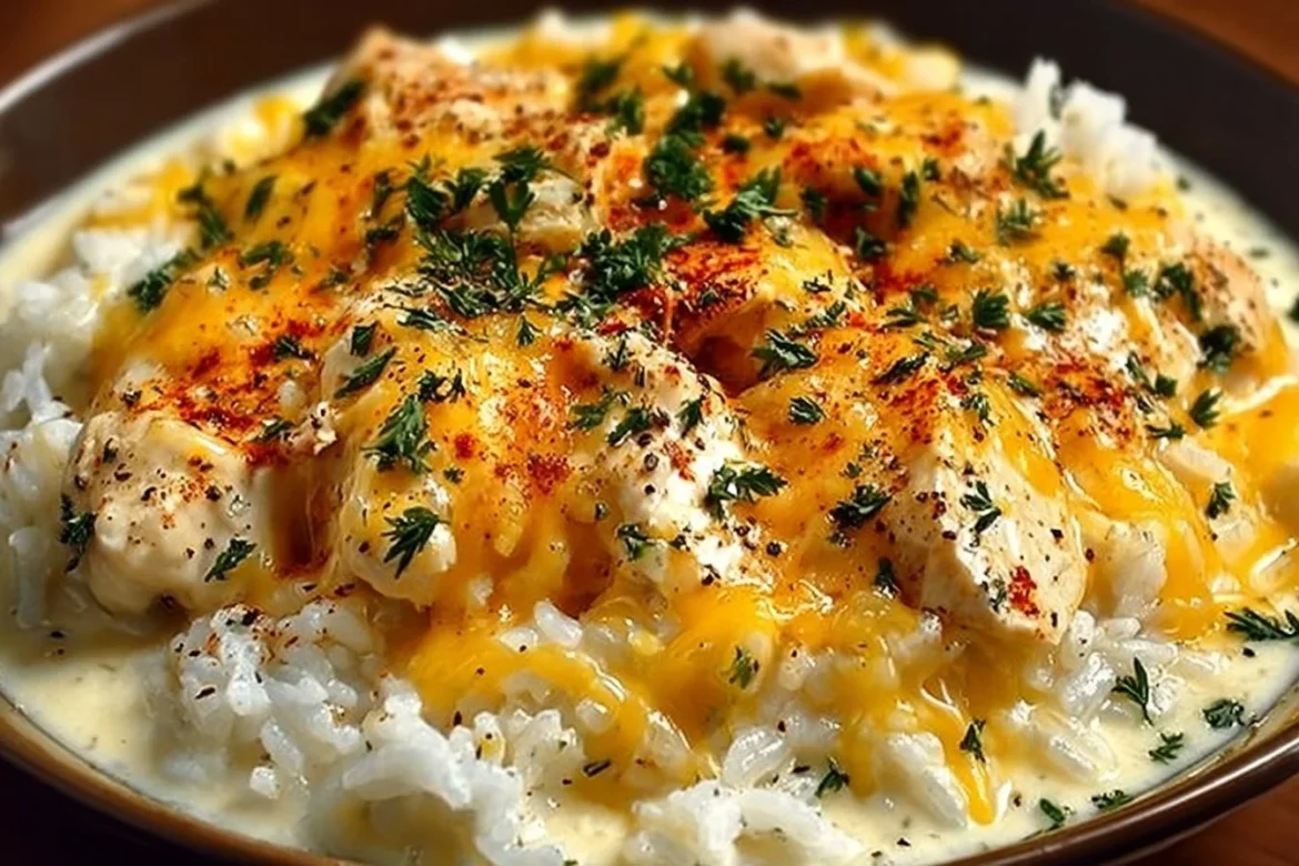 Slow cooker cheesy chicken and rice recipe in a bowl