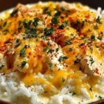 Slow cooker cheesy chicken and rice recipe in a bowl