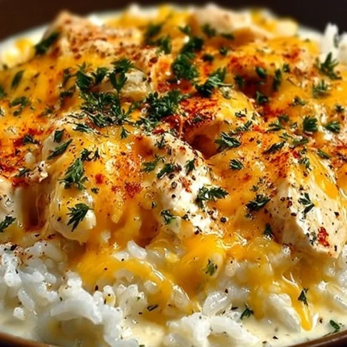 Slow cooker cheesy chicken and rice recipe in a bowl