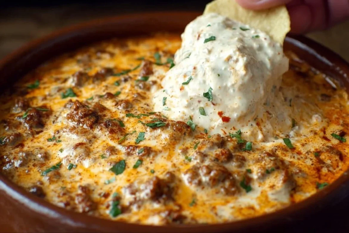 Slow Cooker Cream Cheese Taco Dip served in a bowl with chips