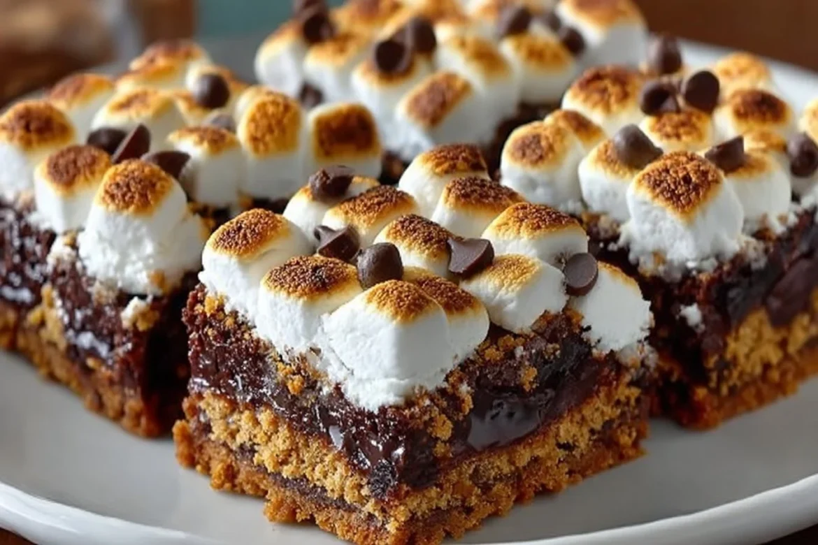 Delicious S'Mores Brownies topped with marshmallows and graham crackers