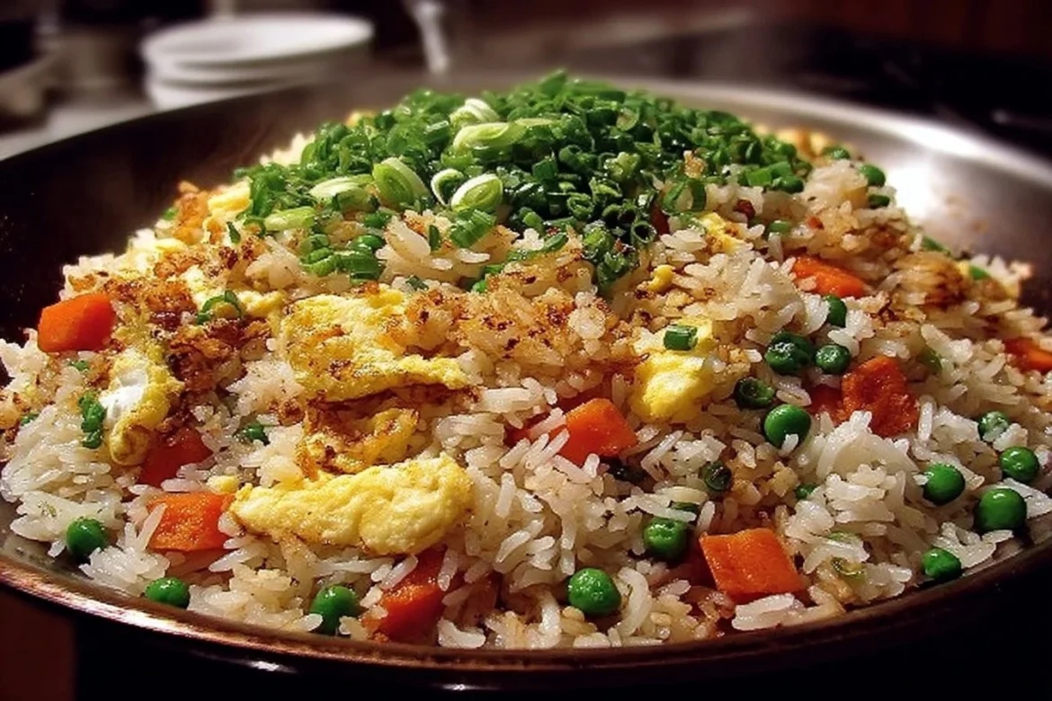 Plate of easy homemade egg fried rice garnished with green onions.