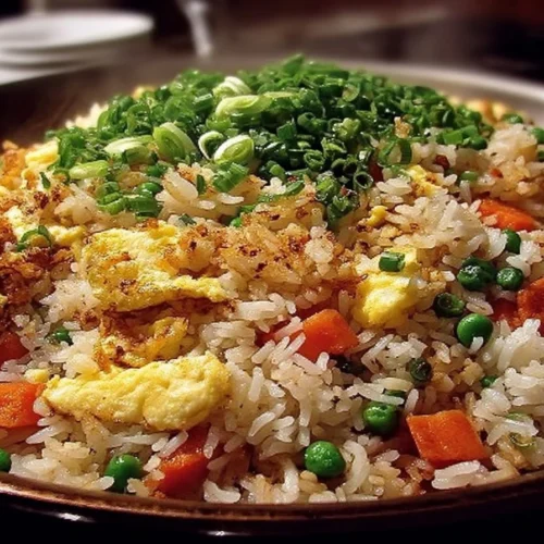 Plate of easy homemade egg fried rice garnished with green onions.