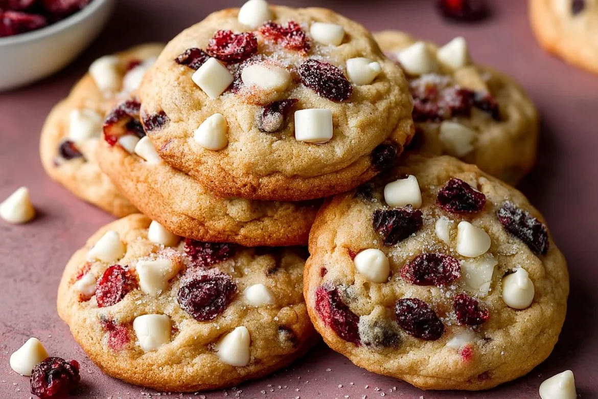 Soft-baked white chocolate cranberry cookies on a baking tray