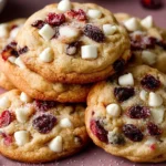 Soft-baked white chocolate cranberry cookies on a baking tray